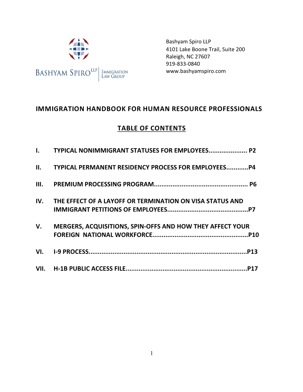 Immigration Handbook for Human Resource Professionals Table of Contents