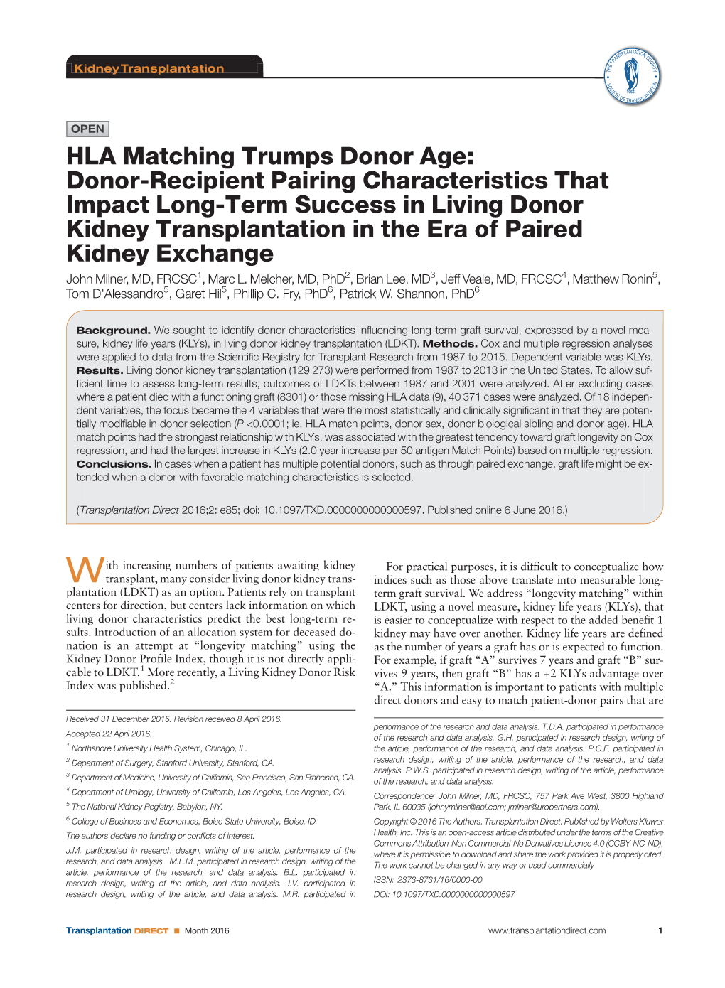 HLA Matching Trumps Donor Age: Donor-Recipient Pairing Characteristics That Impact Long-Term Success in Living Donor Kidney Tran