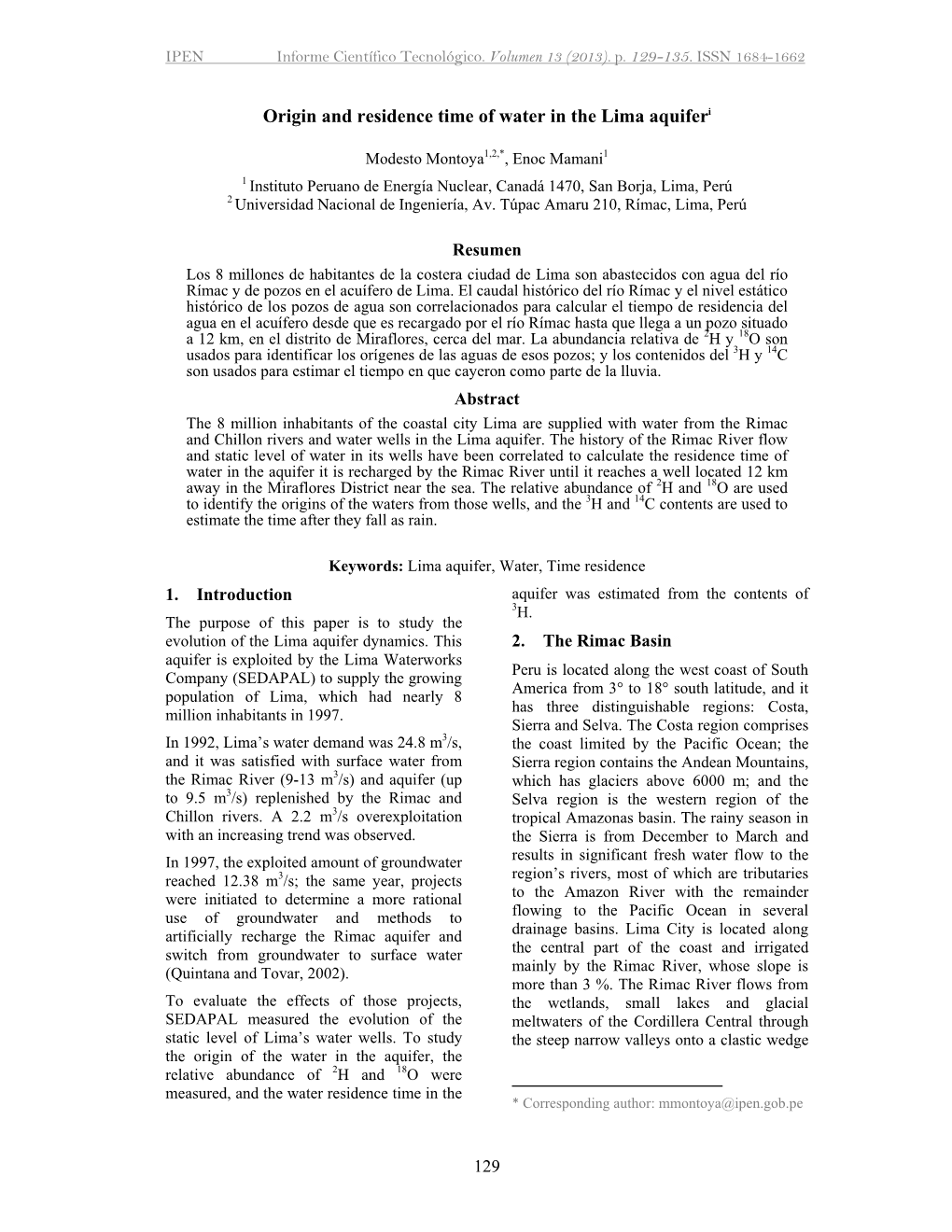 Origin and Residence Time of Water in the Lima Aquiferi