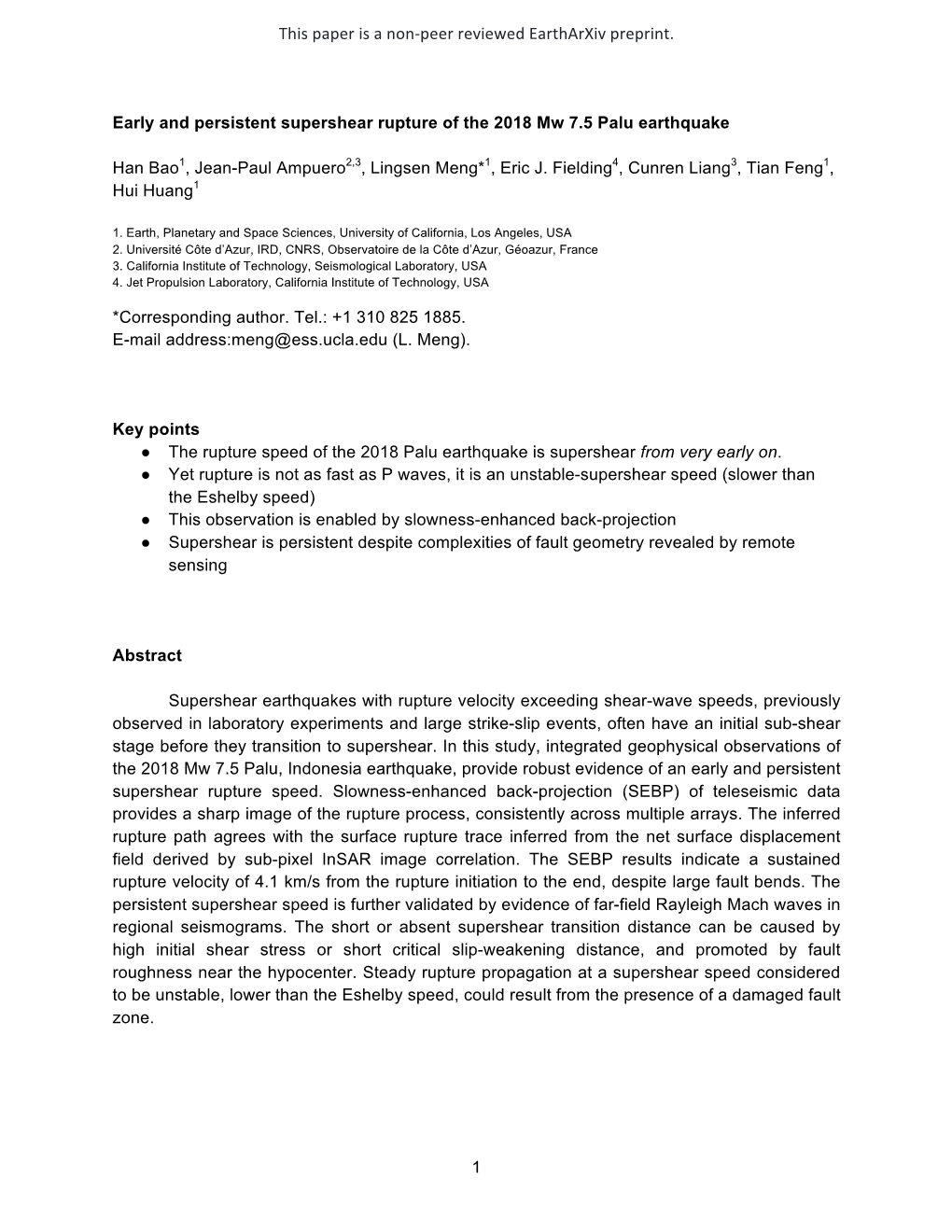 This Paper Is a Non-Peer Reviewed Eartharxiv Preprint. 1 Early and Persistent Supershear Rupture of the 2018 Mw 7.5 Palu Earthq