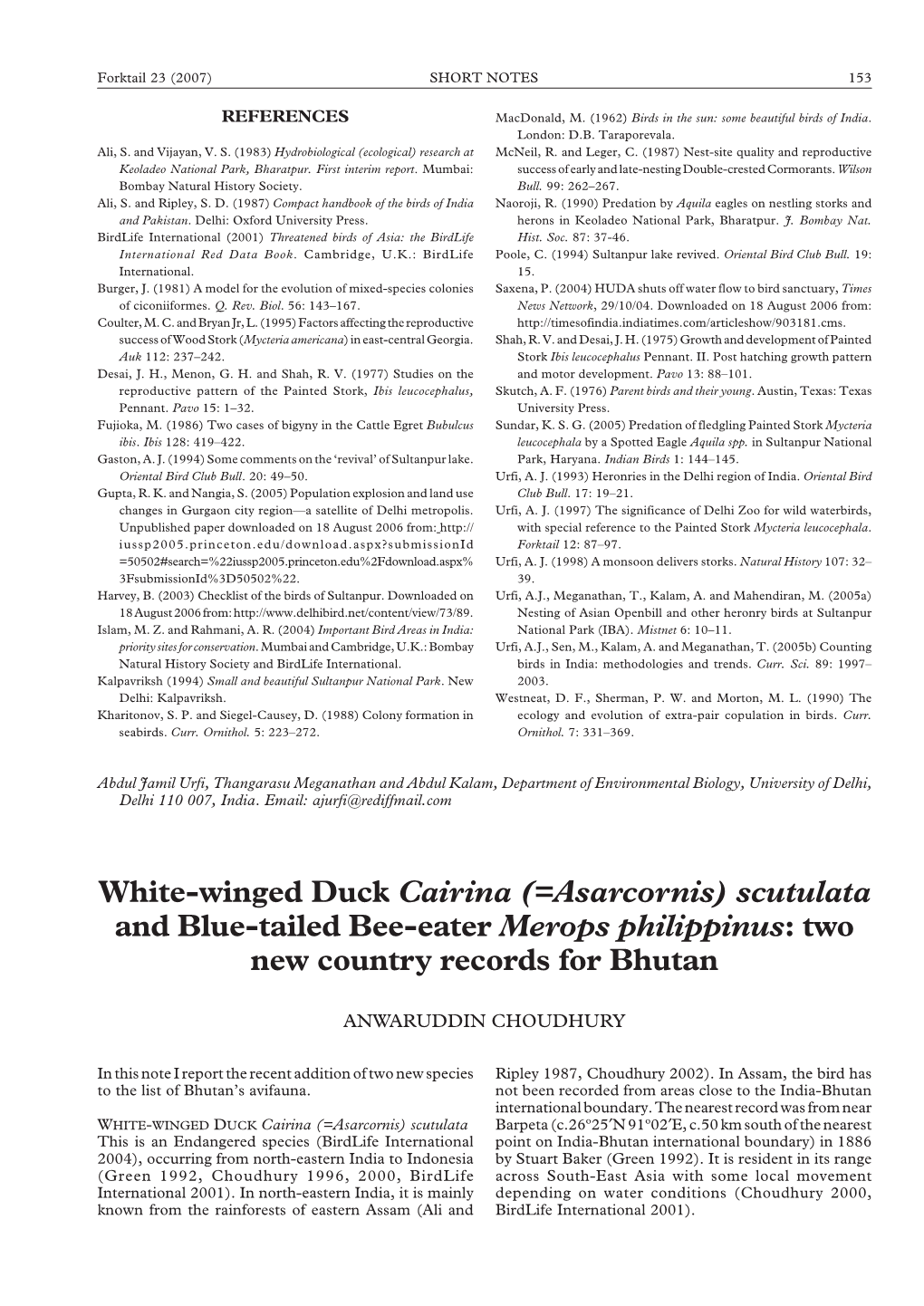 White-Winged Duck Cairina (=Asarcornis) Scutulata and Blue-Tailed Bee-Eater Merops Philippinus: Two New Country Records for Bhutan