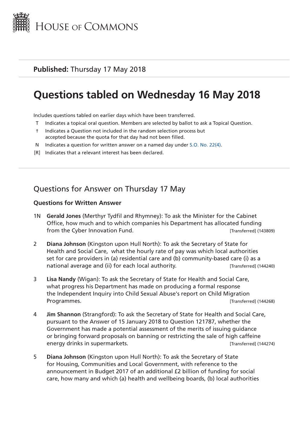 Questions Tabled on Wed 16 May 2018