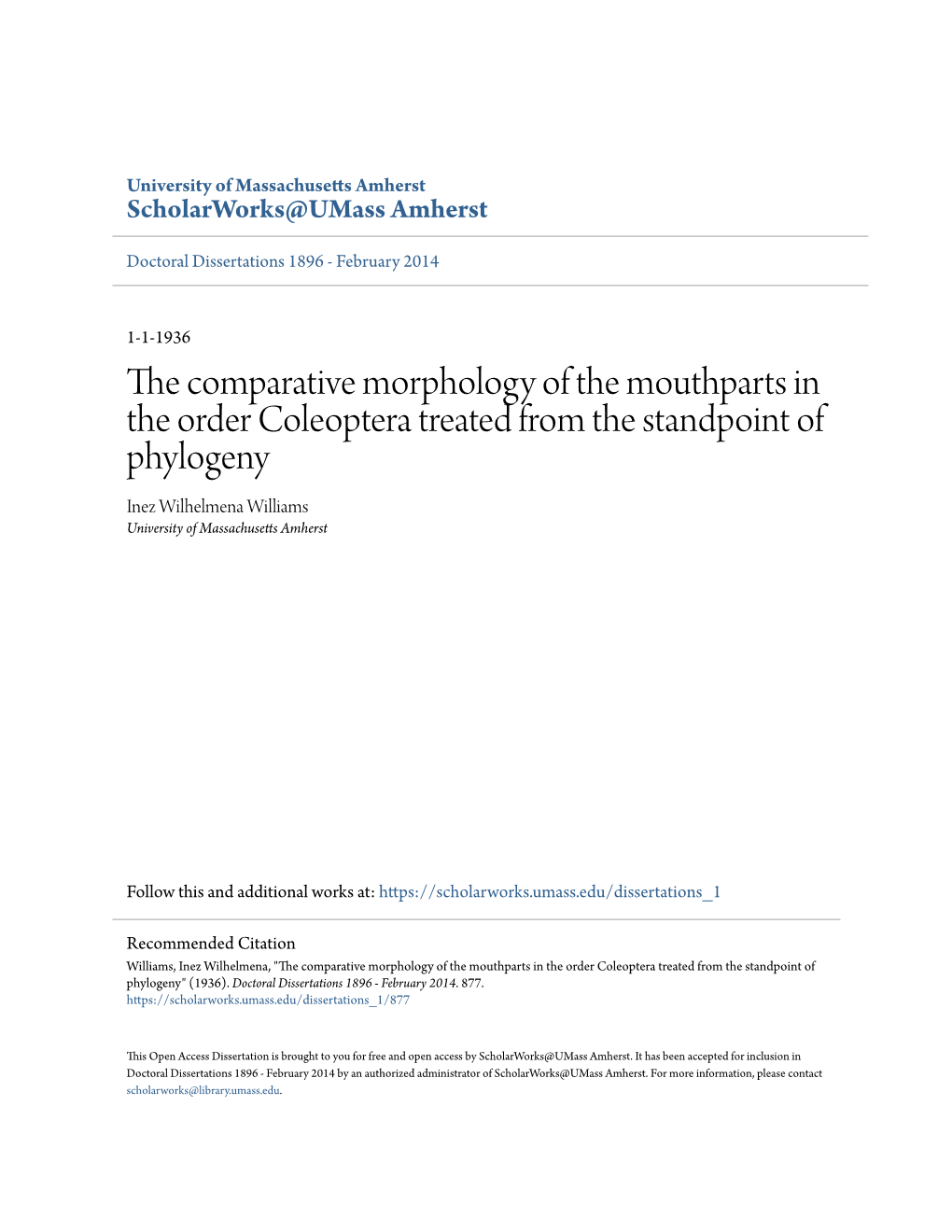 The Comparative Morphology of the Mouthparts in the Order Coleoptera