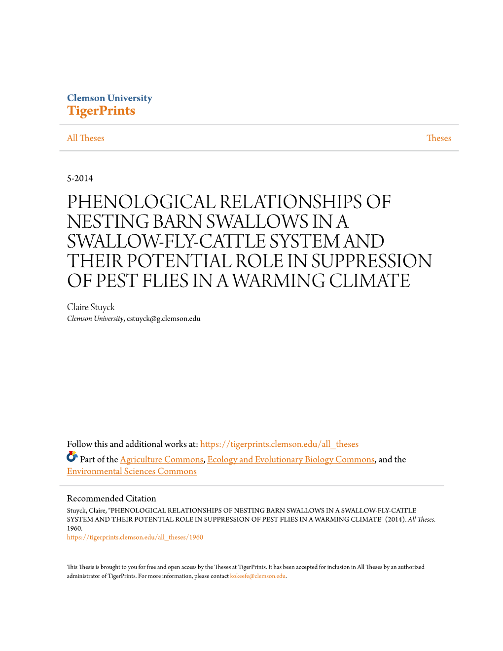 Phenological Relationships of Nesting Barn Swallows
