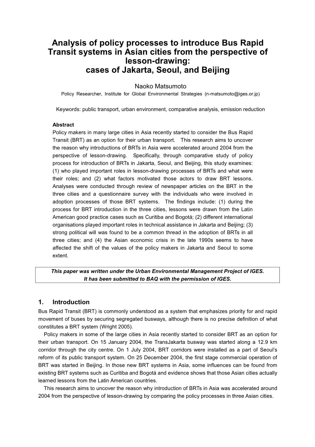 Analysis of Policy Processes to Introduce Bus Rapid Transit Systems in Asian Cities from the Perspective of Lesson-Drawing: Cases of Jakarta, Seoul, and Beijing