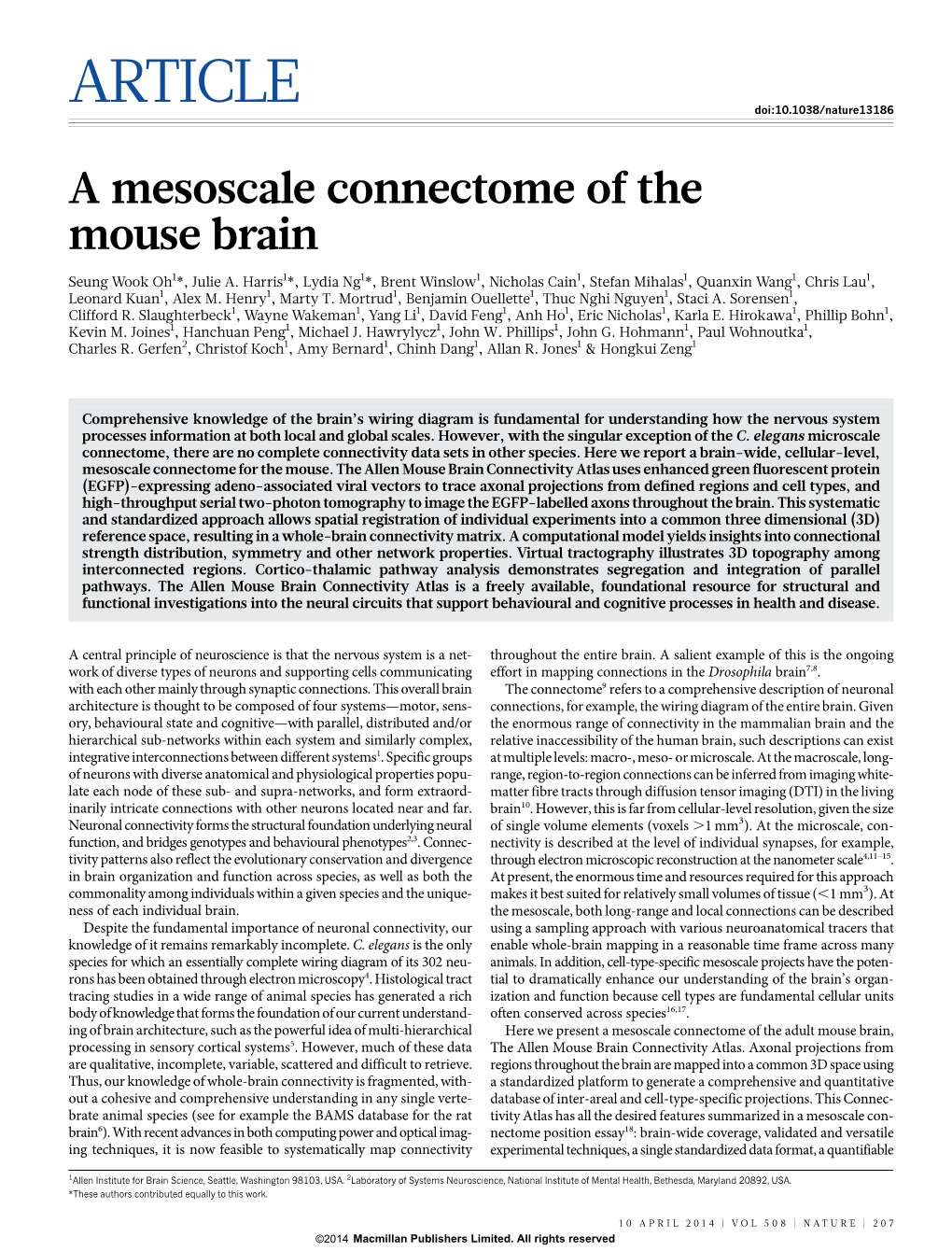 A Mesoscale Connectome of the Mouse Brain