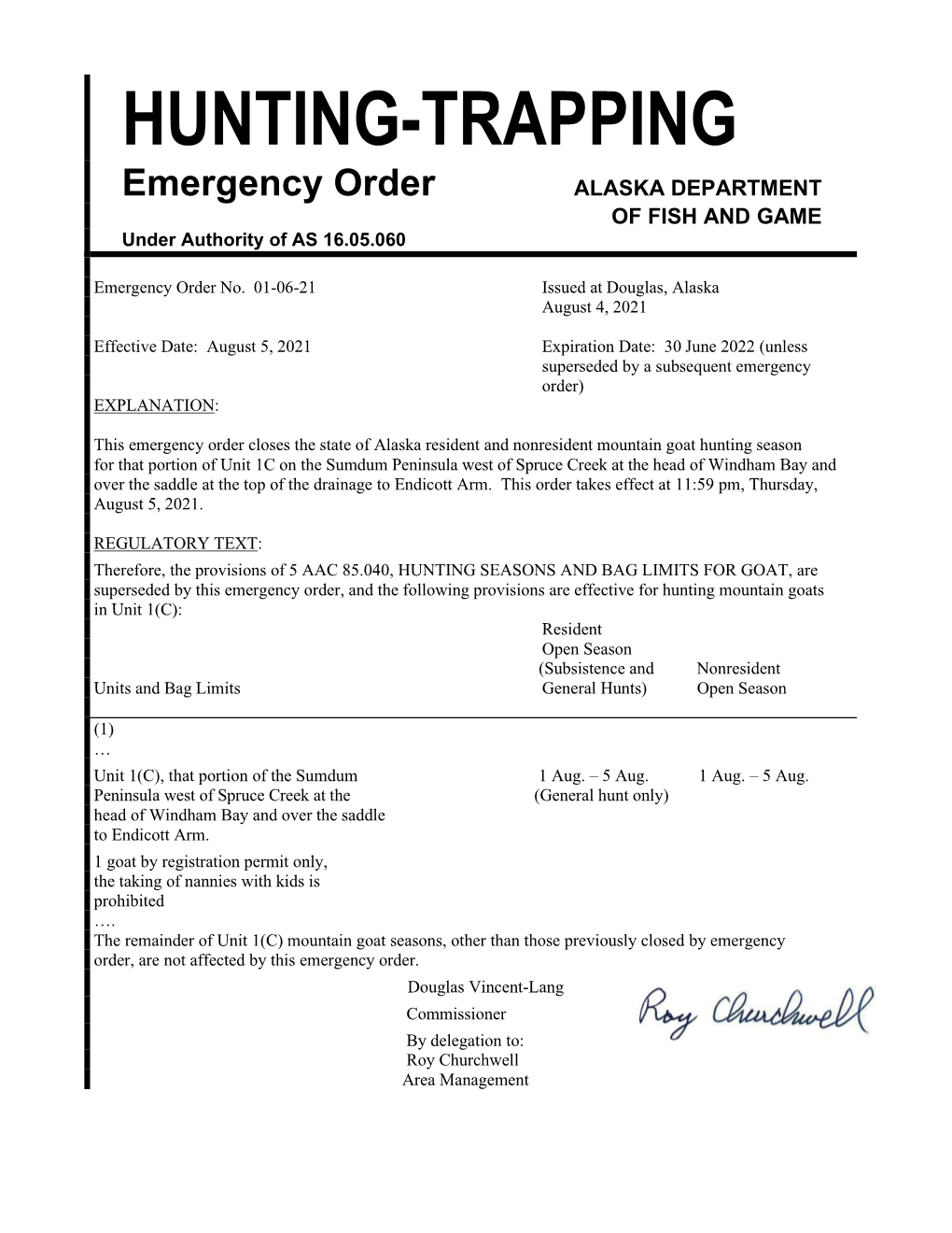 HUNTING-TRAPPING Emergency Order ALASKA DEPARTMENT of FISH and GAME Under Authority of AS 16.05.060