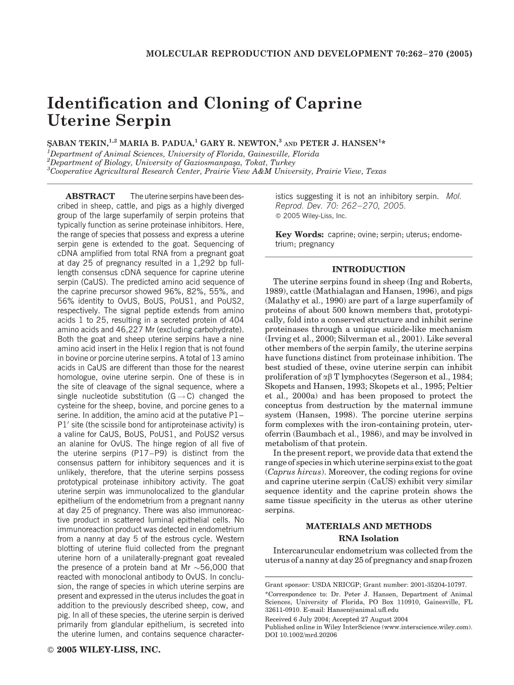 Identification and Cloning of Caprine Uterine Serpin