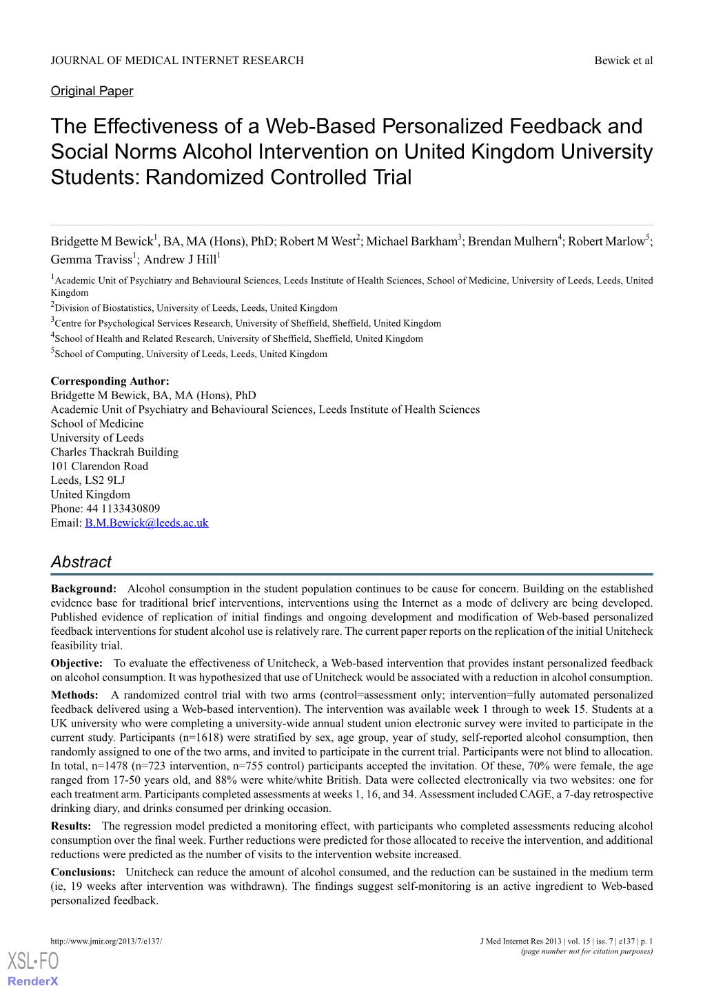 The Effectiveness of a Web-Based Personalized Feedback and Social Norms Alcohol Intervention on United Kingdom University Students: Randomized Controlled Trial