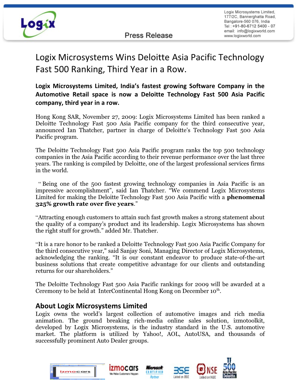 Logix Microsystems Wins Deloitte Asia Pacific Technology Fast 500 Ranking, Third Year