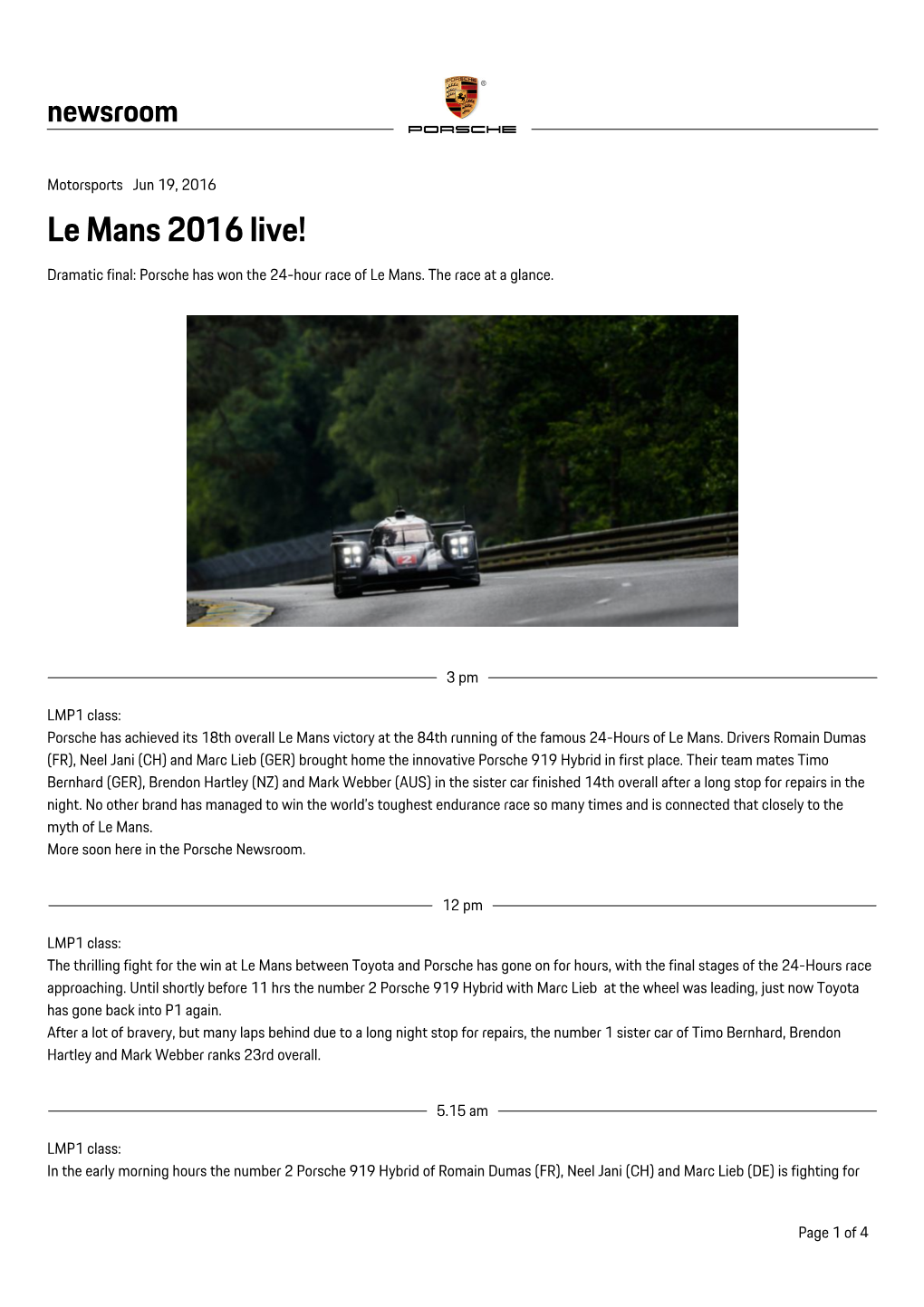 Le Mans 2016 Live! Dramatic Final: Porsche Has Won the 24-Hour Race of Le Mans