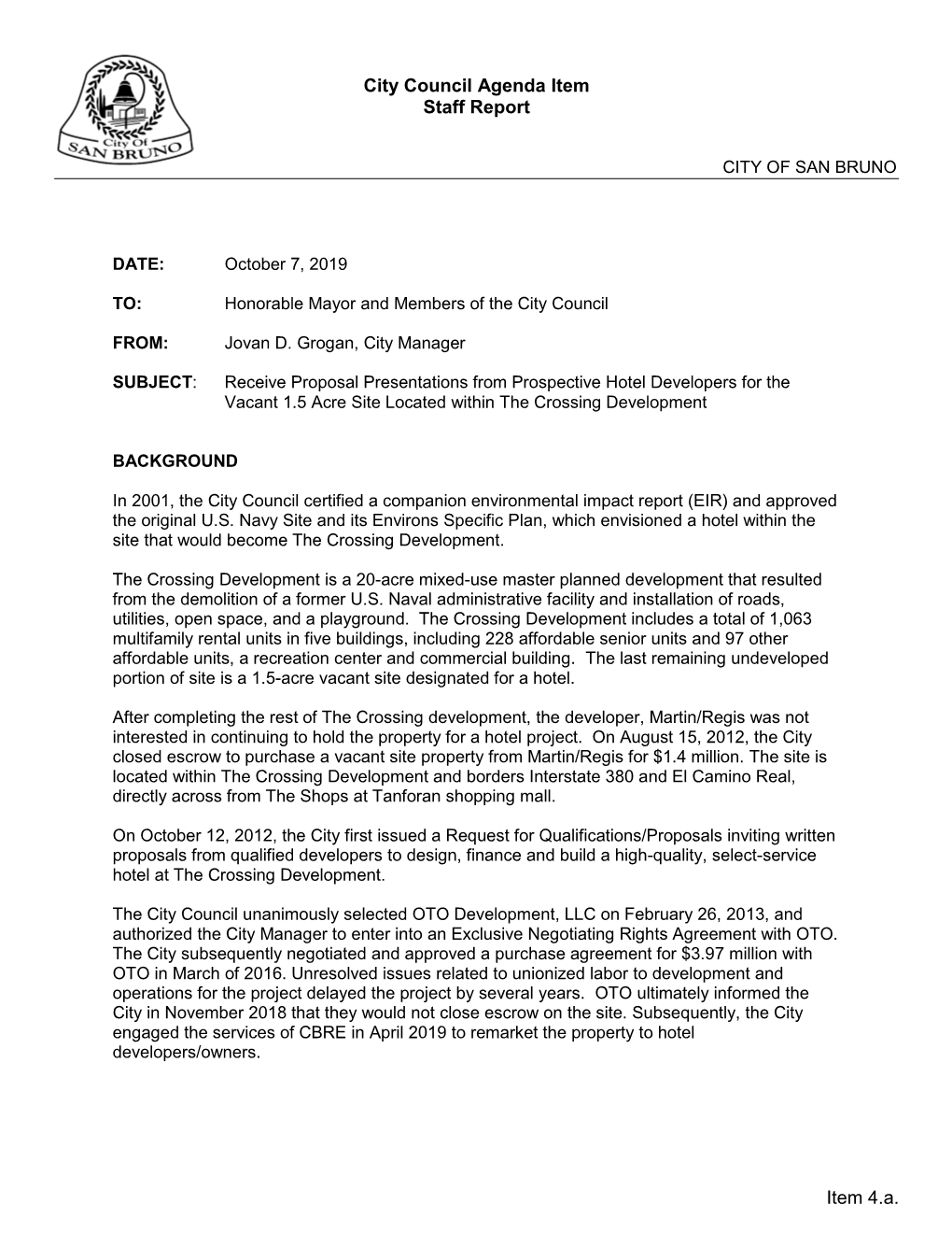 City Council Agenda Item Staff Report Item 4.A