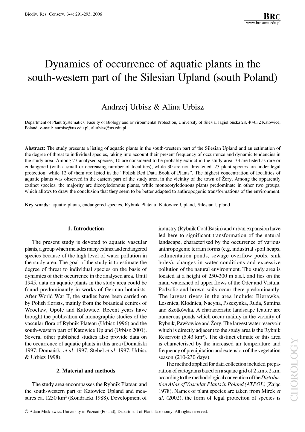 Dynamics of Occurrence of Aquatic Plants in the South-Western Part of the Silesian Upland (South Poland)