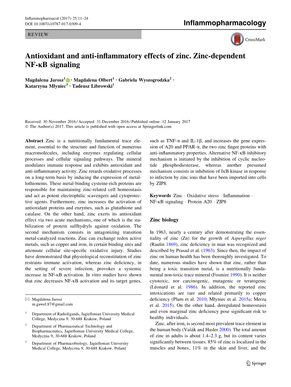 Antioxidant and Anti-Inflammatory Effects of Zinc. Zinc-Dependent NF