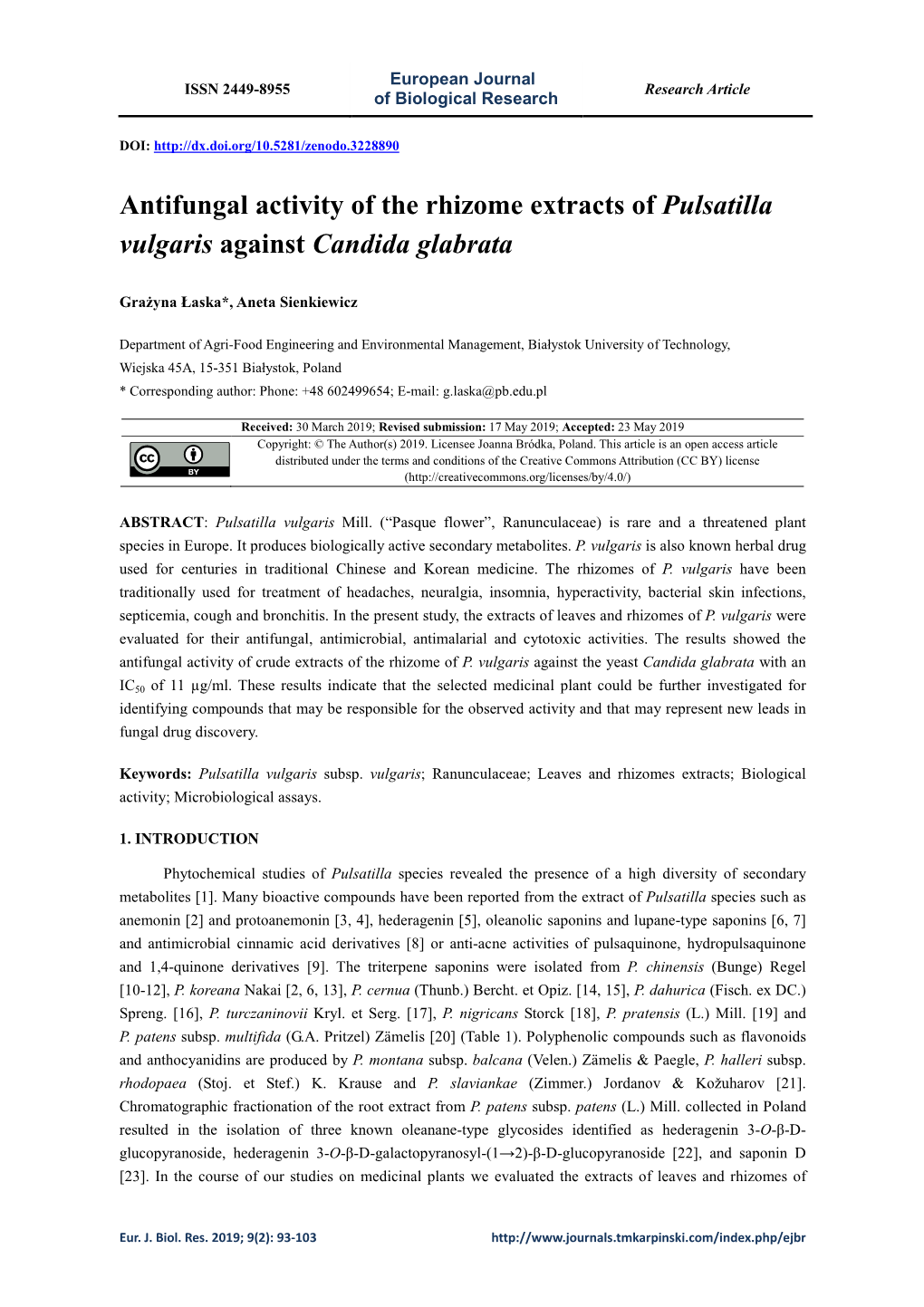 Antifungal Activity of the Rhizome Extracts of Pulsatilla Vulgaris Against Candida Glabrata