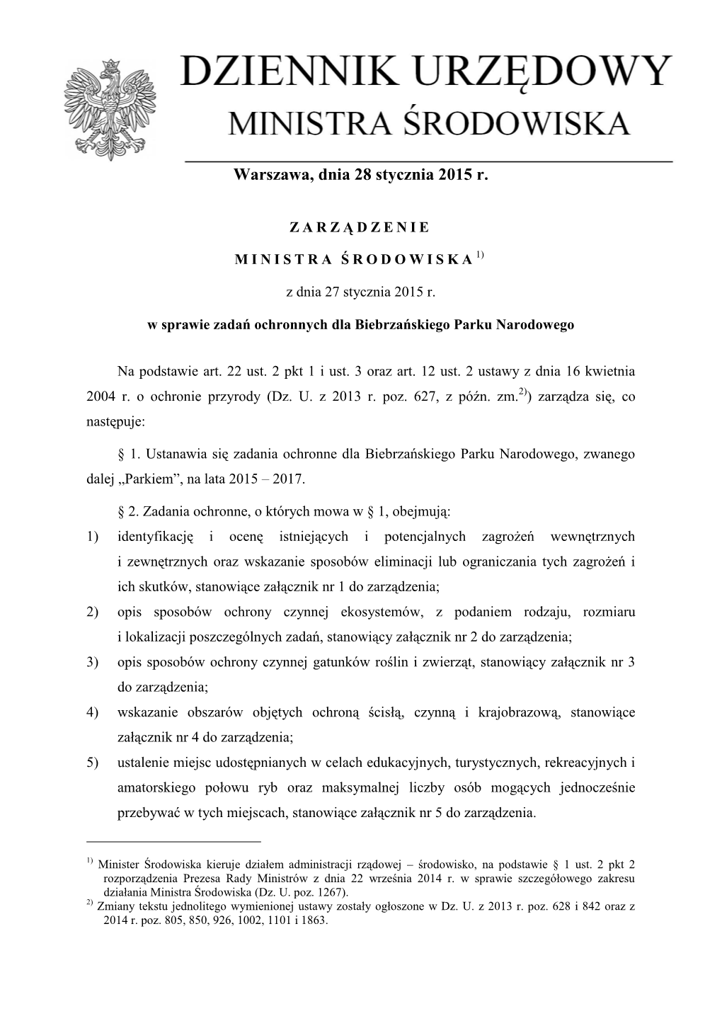 Zadządzenie Ministra Środowiska Z Dnia 27 Stycznia 2015 W Sprawie