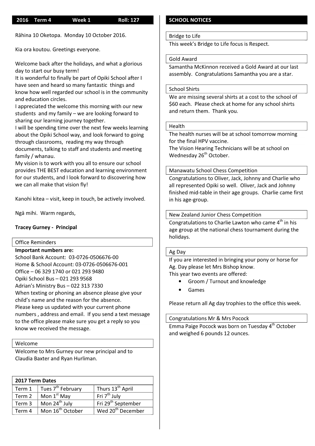 2016 Term 4 Week 1 Roll: 127 Rāhina 10 Oketopa. Monday 10 October