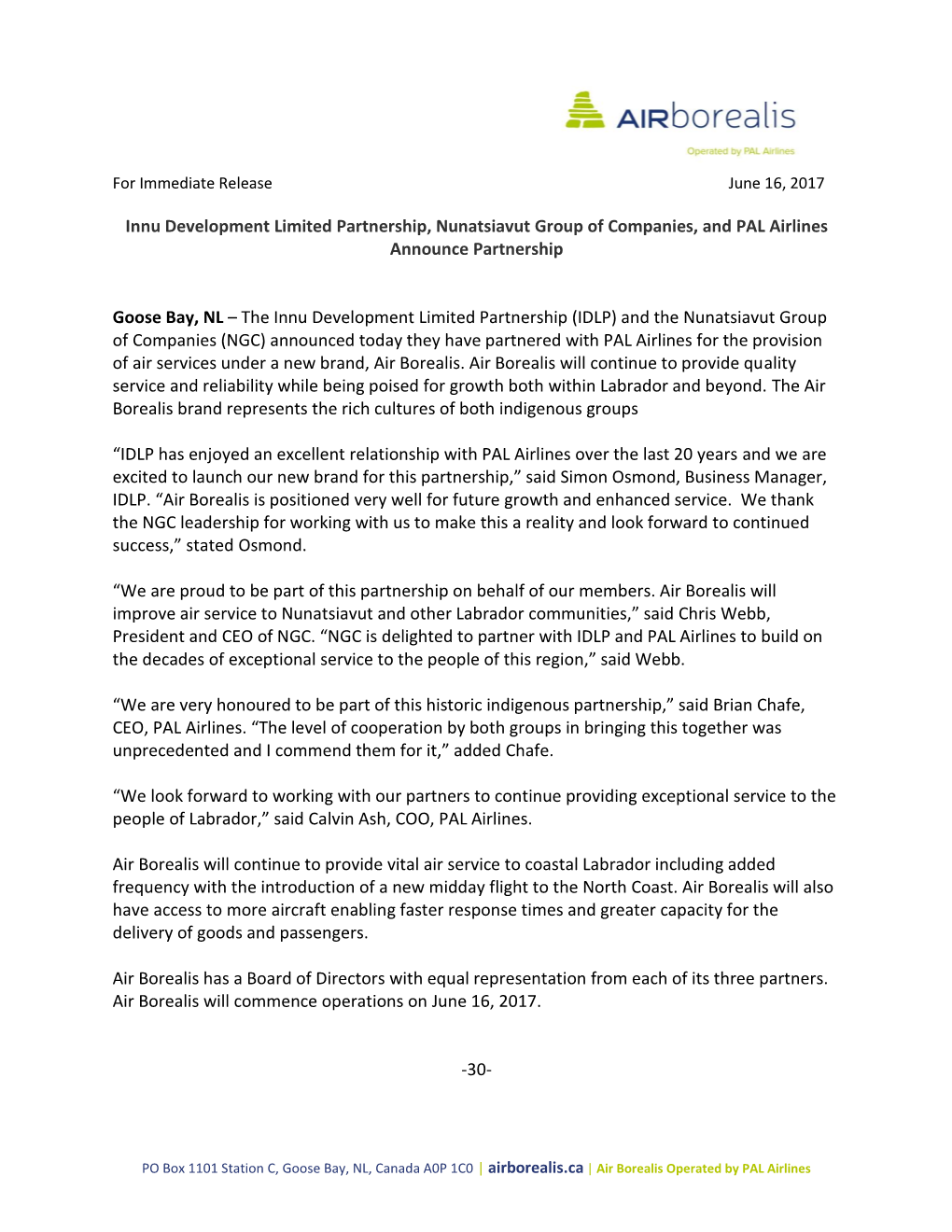 Innu Development Limited Partnership, Nunatsiavut Group of Companies, and PAL Airlines Announce Partnership
