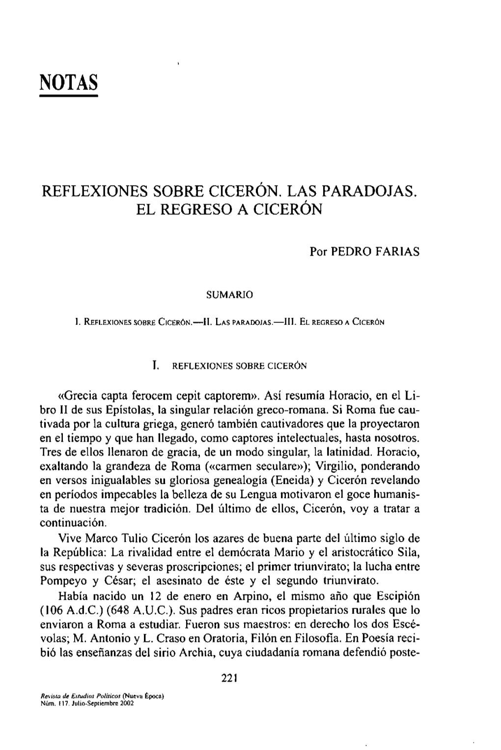 Reflexiones Sobre Cicerón. Las Paradojas. El Regreso a Cicerón