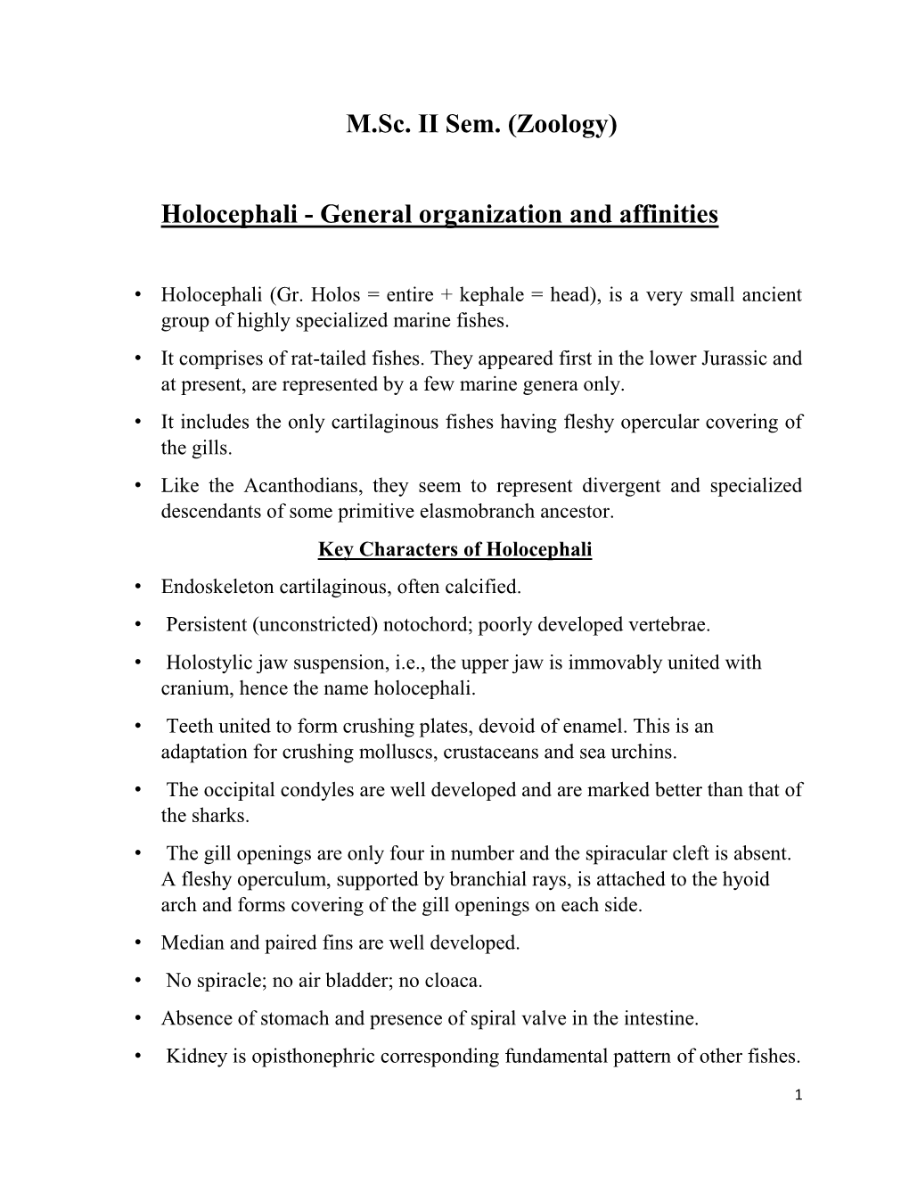 M.Sc. II Sem. (Zoology) Holocephali