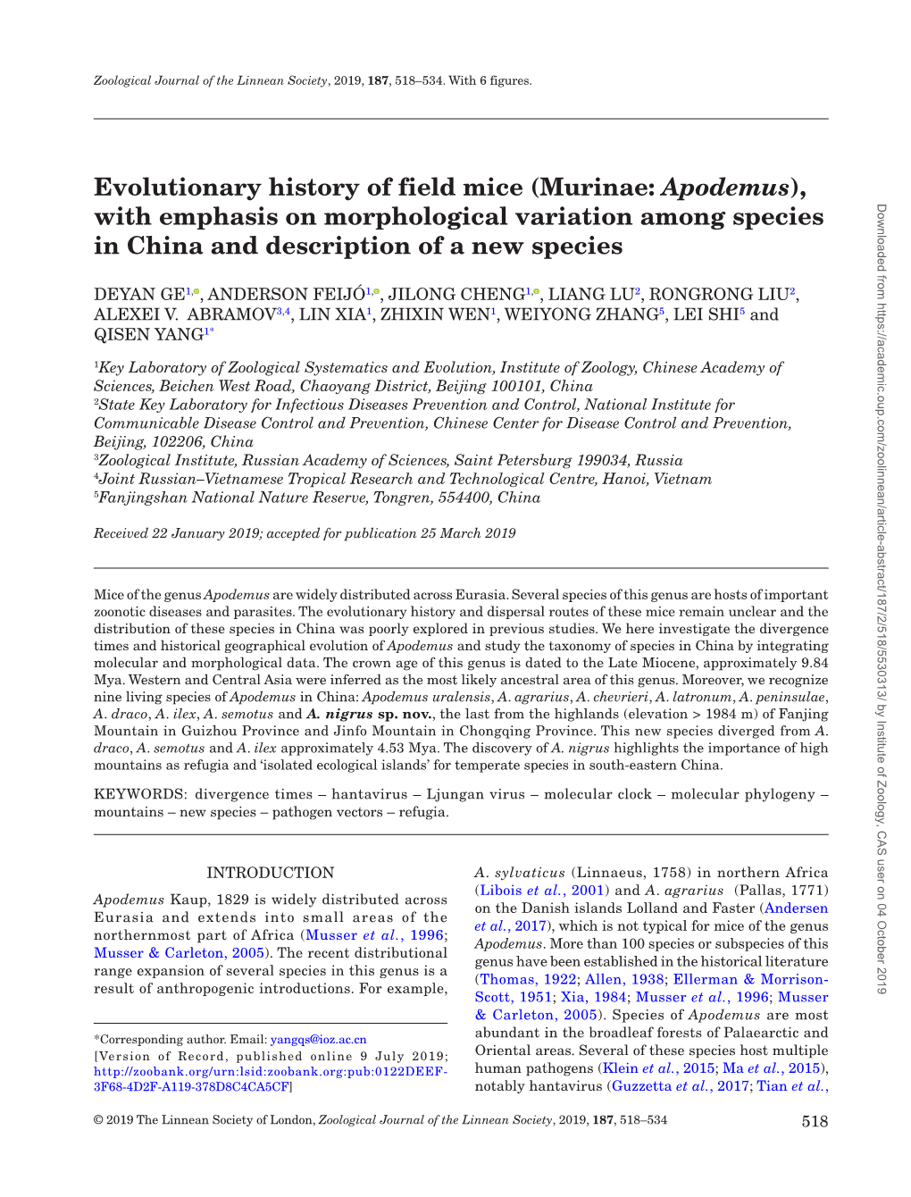 Evolutionary History of Field Mice (Murinae: Apodemus), With