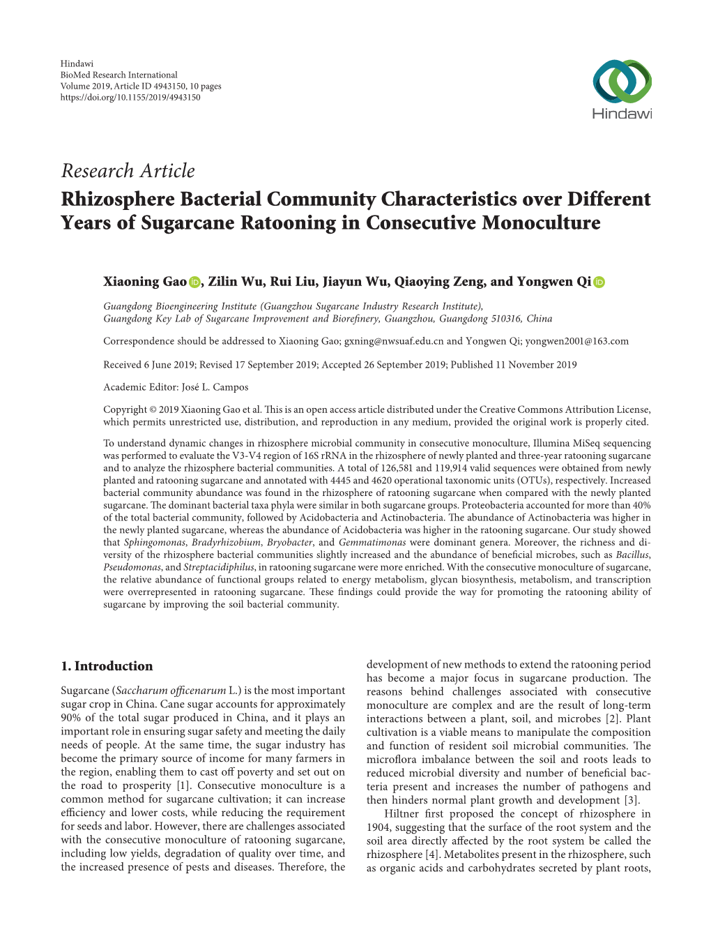 Rhizosphere Bacterial Community Characteristics Over Different Years of Sugarcane Ratooning in Consecutive Monoculture