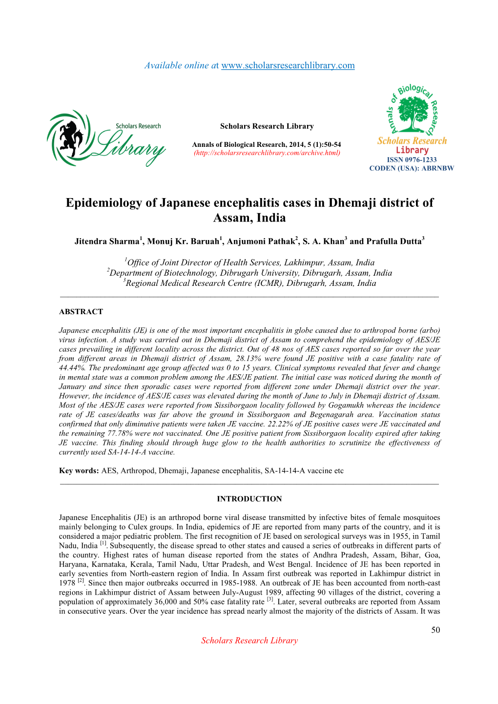 Epidemiology of Japanese Encephalitis Cases in Dhemaji District of Assam, India