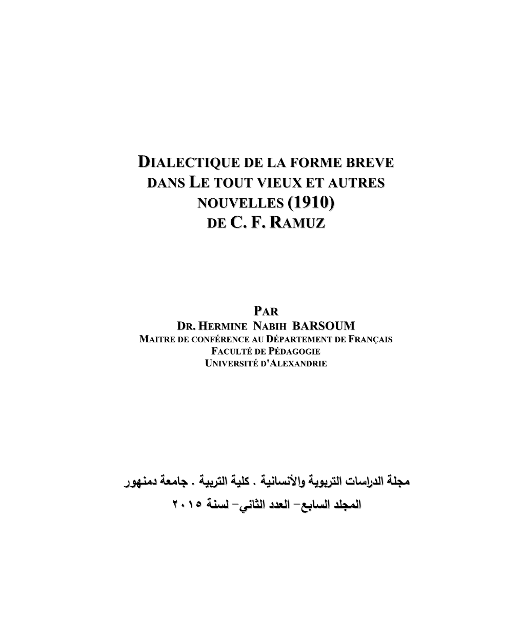 Dans Le Tout Vieux Et Autres Nouvelles (1910) De Cf Ramuz