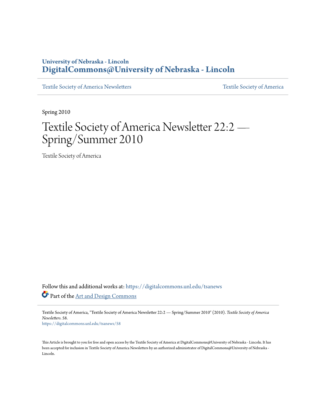 Textile Society of America Newsletter 22:2 — Spring/Summer 2010 Textile Society of America