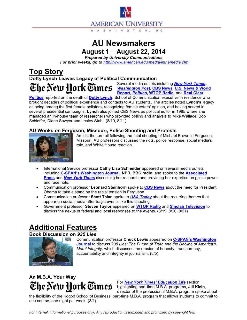 AU Newsmakers August 1 – August 22, 2014 Prepared by University Communications for Prior Weeks, Go To