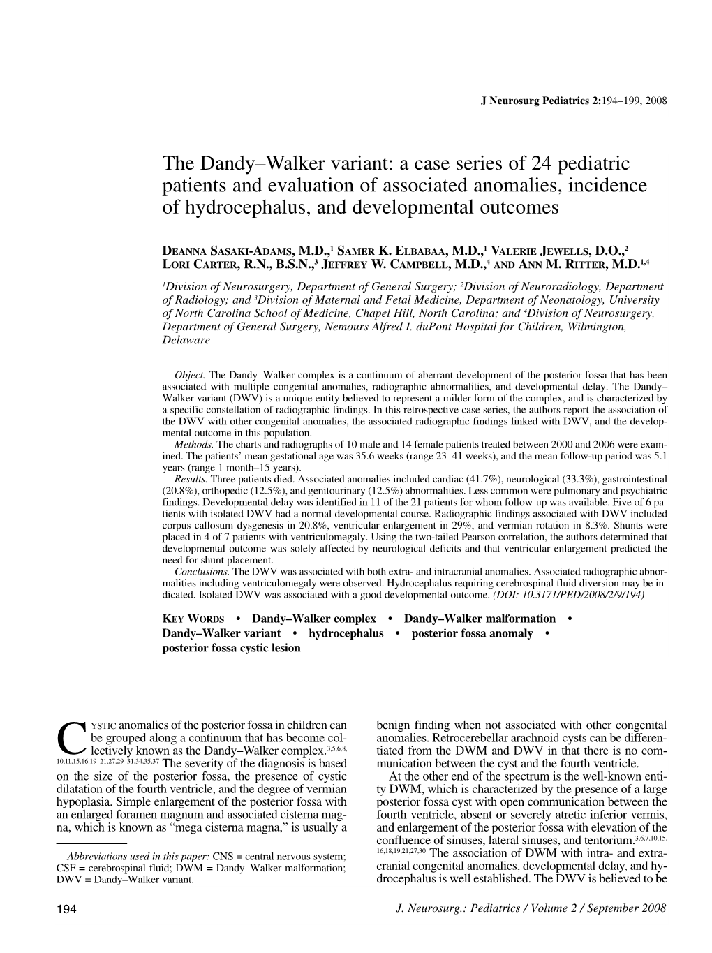 The Dandy–Walker Variant: a Case Series of 24 Pediatric Patients and Evaluation of Associated Anomalies, Incidence of Hydrocephalus, and Developmental Outcomes