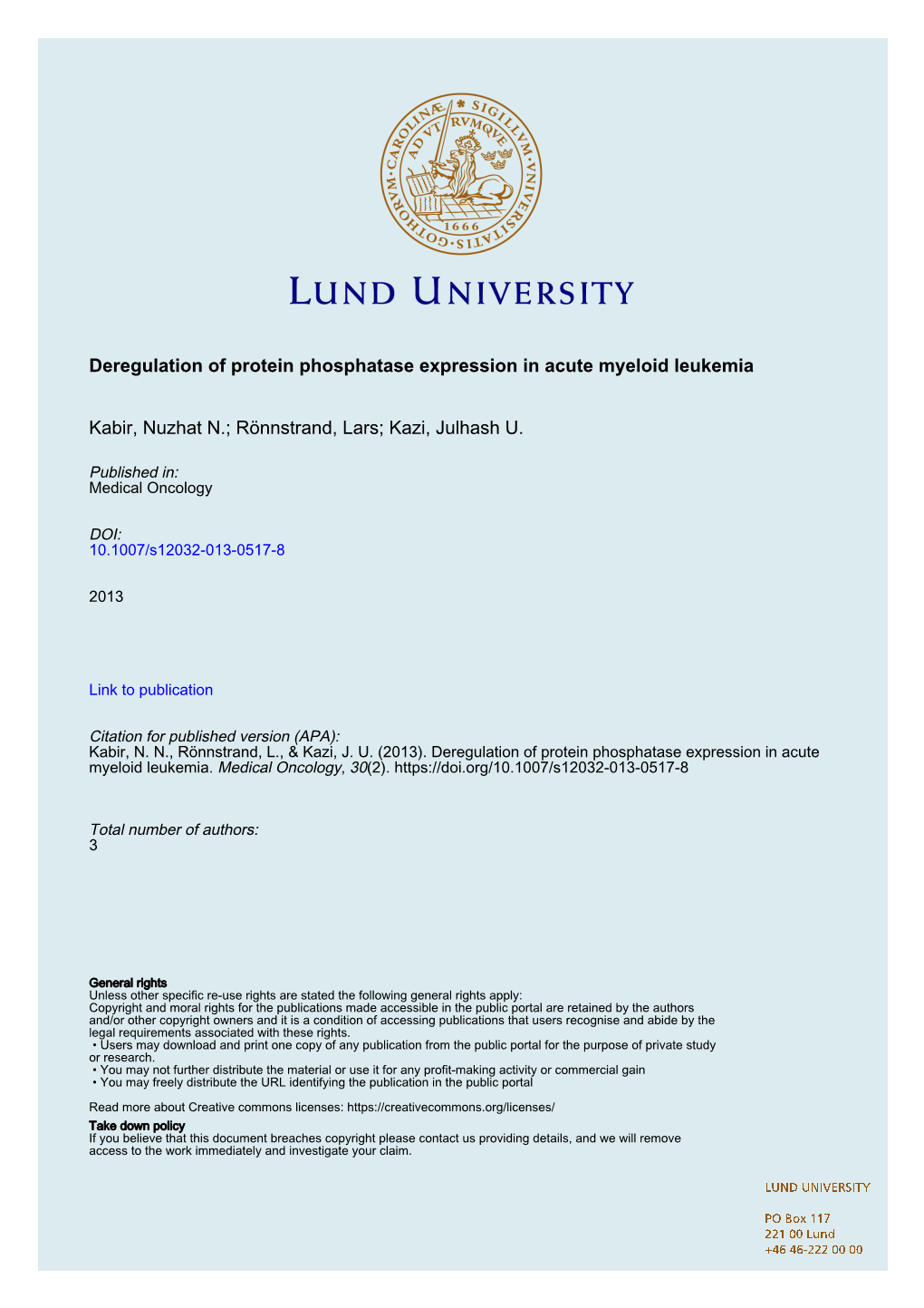 Deregulation of Protein Phosphatase Expression in Acute Myeloid Leukemia