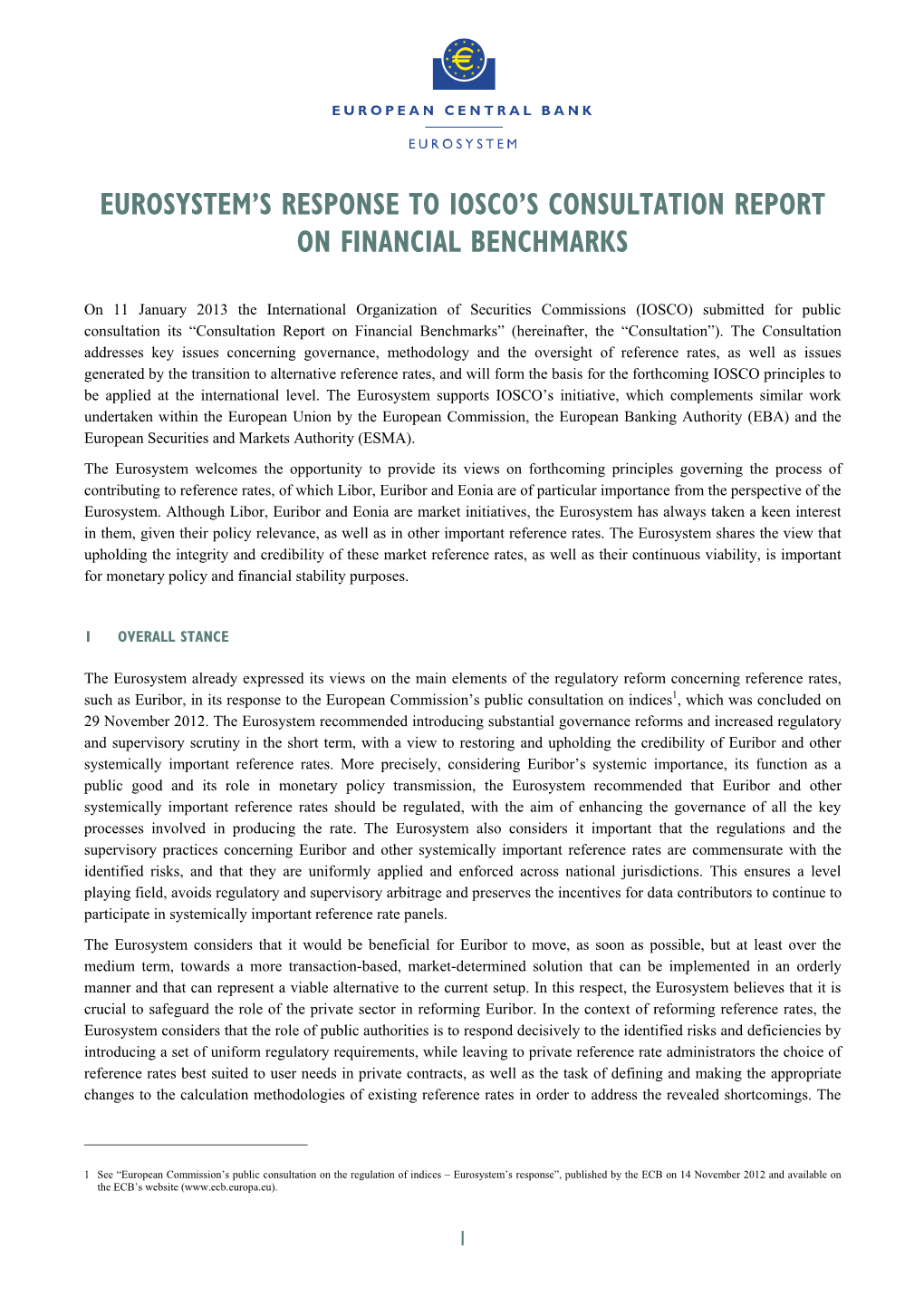 Eurosystem's Response to Iosco's Consultation