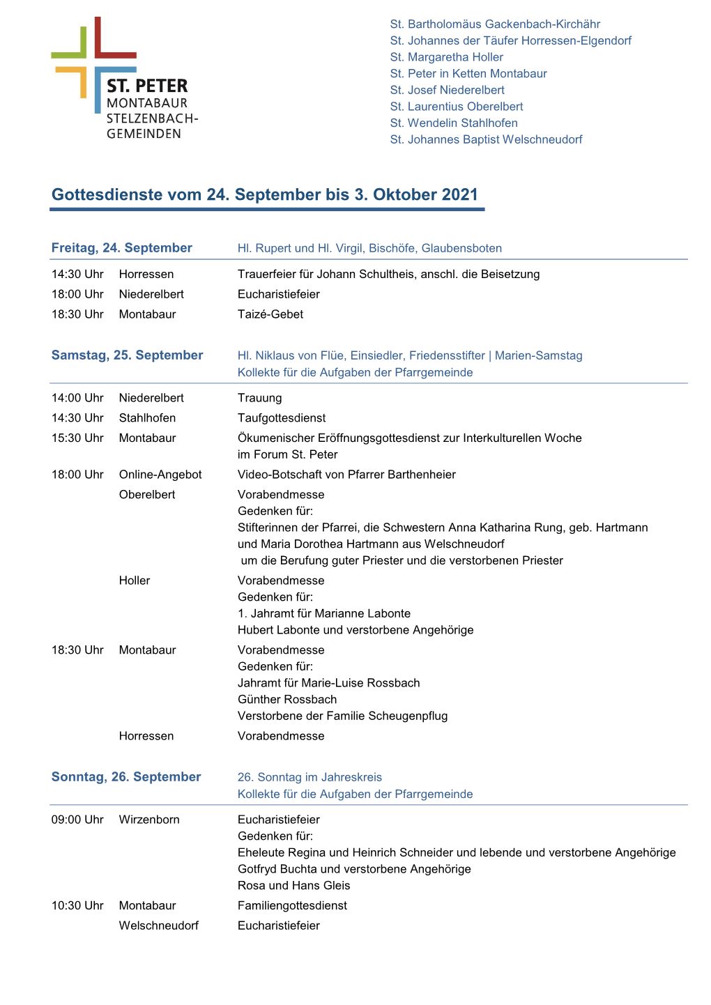 Gottesdienste Vom 4. Bis 12. September 2021