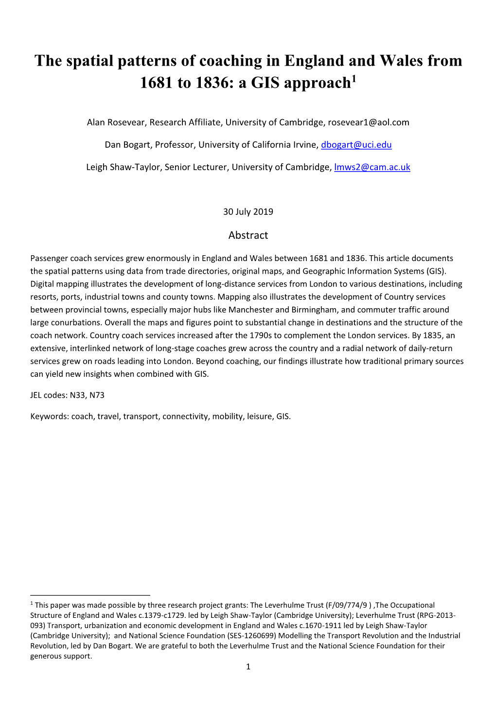 The Spatial Patterns of Coaching in England and Wales from 1681 to 1836: a GIS Approach1