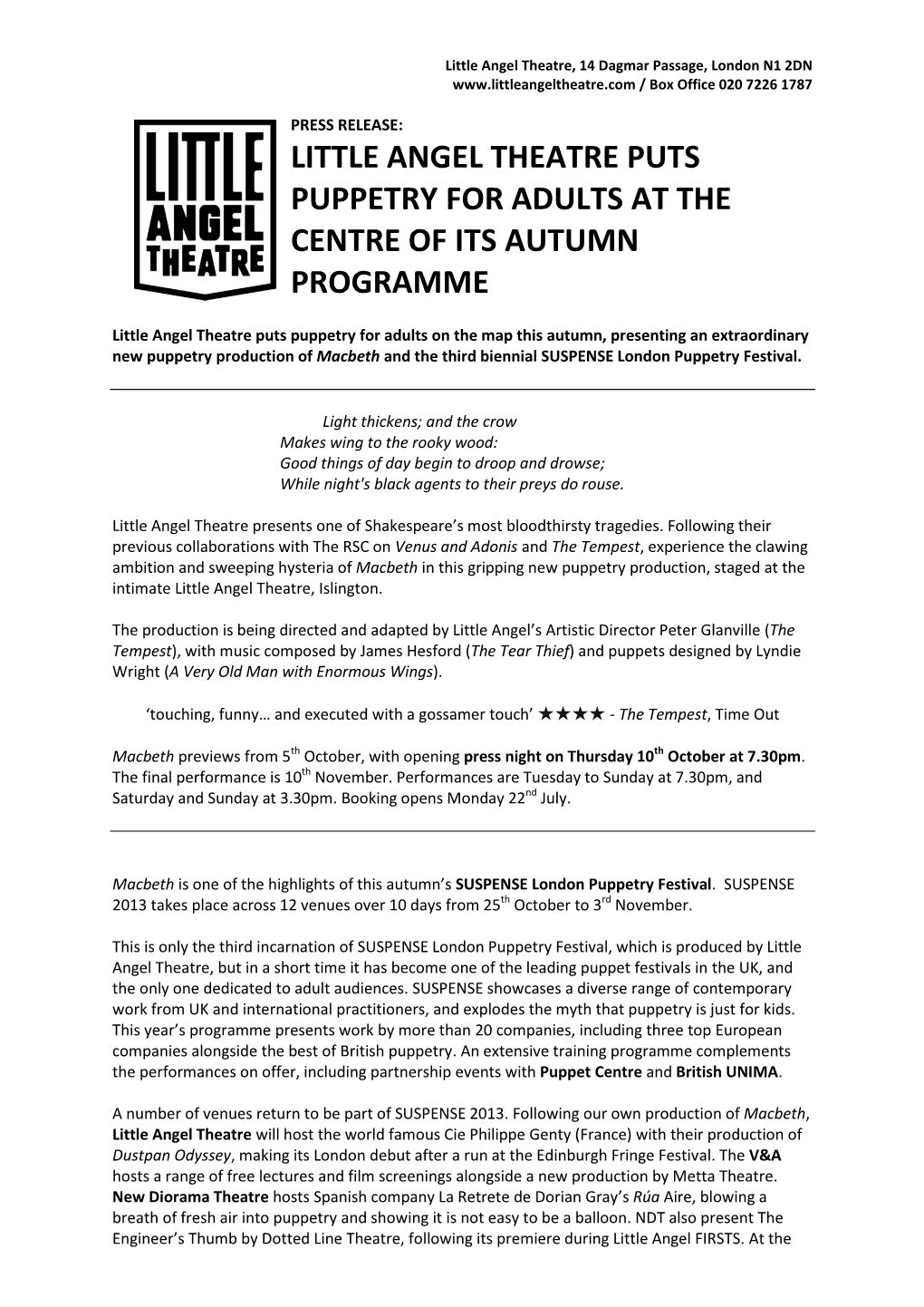Little Angel Theatre Puts Puppetry for Adults at the Centre of Its Autumn Programme