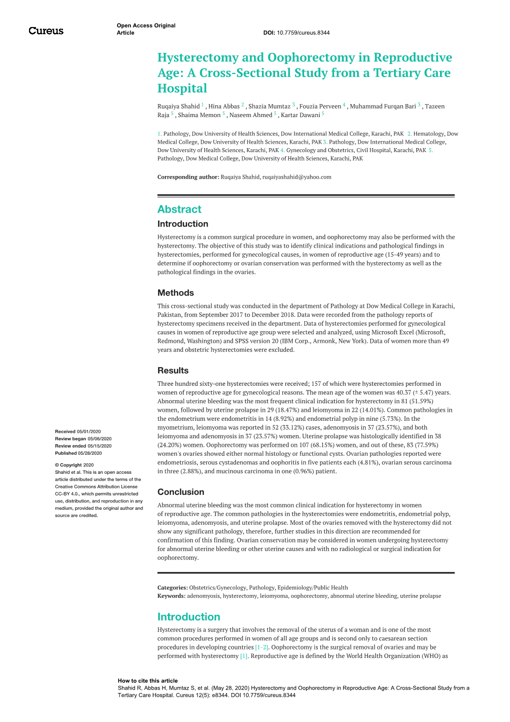 Hysterectomy and Oophorectomy in Reproductive Age: a Cross-Sectional Study from a Tertiary Care Hospital