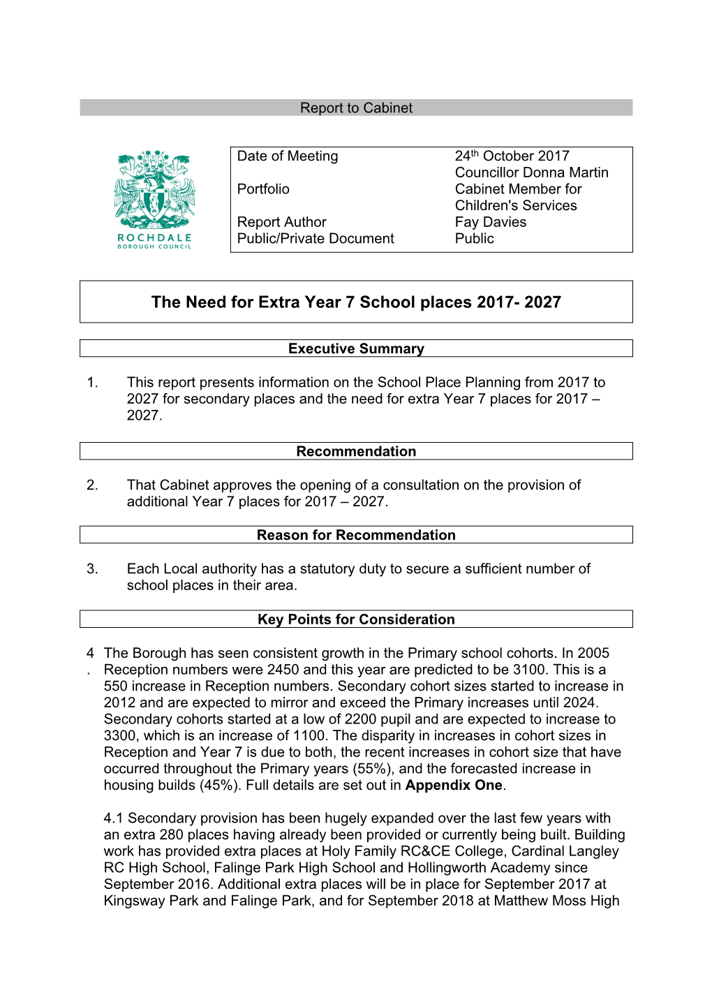 The Need for Extra Year 7 School Places 2017- 2027