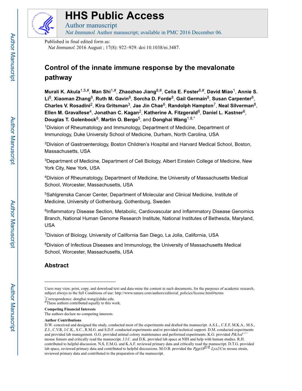 Control of the Innate Immune Response by the Mevalonate Pathway