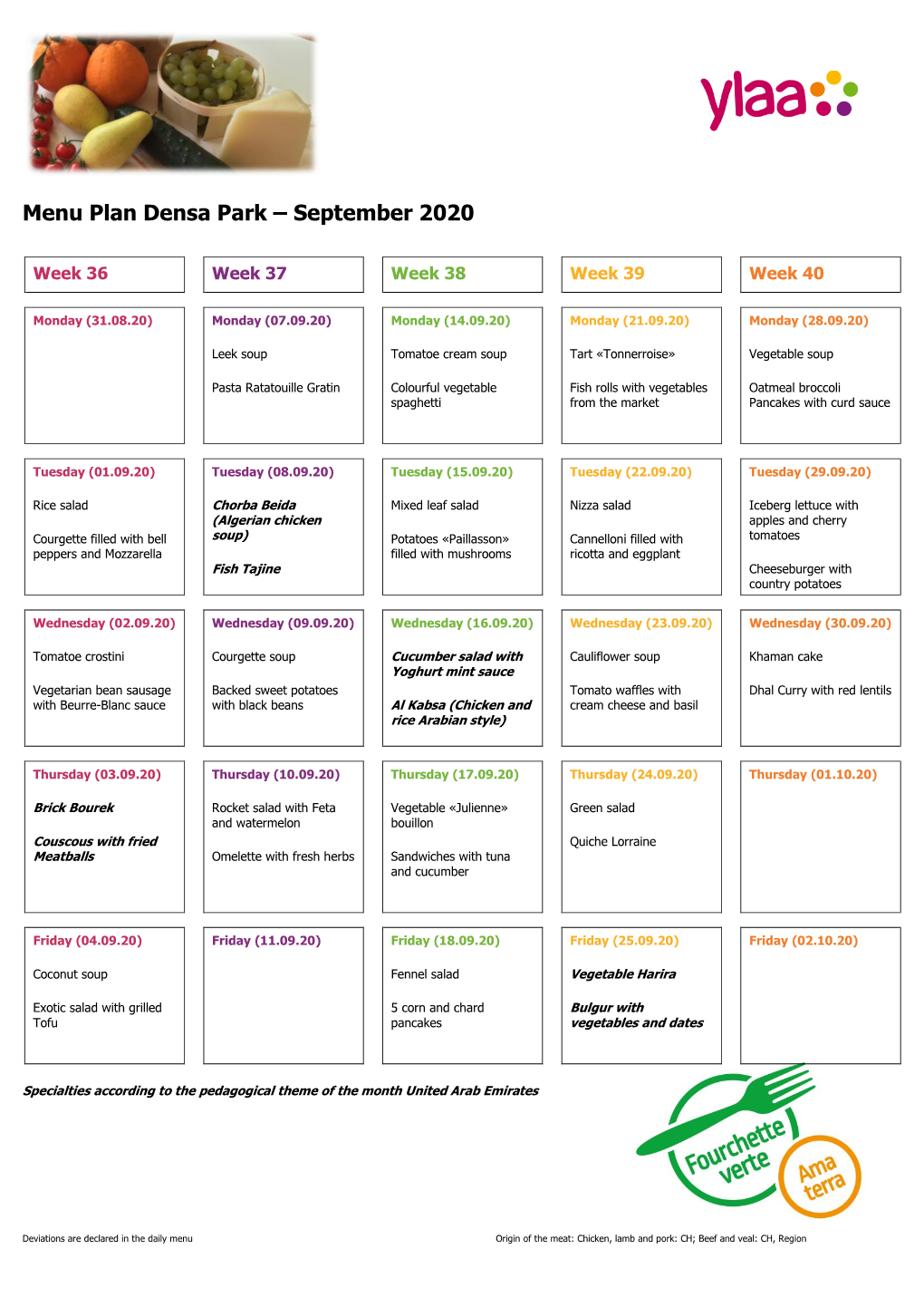 Menu Plan Densa Park – September 2020