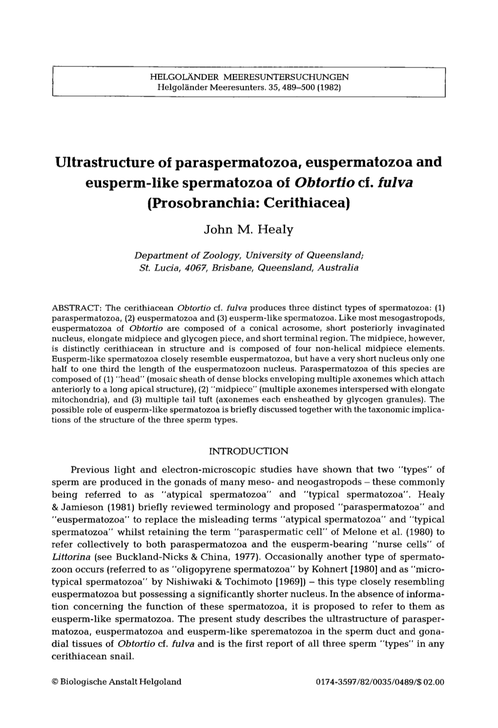 Ultrastructure of Paraspermatozoa, Euspermatozoa and Eusperm-Like Spermatozoa of Obtoruo Cf