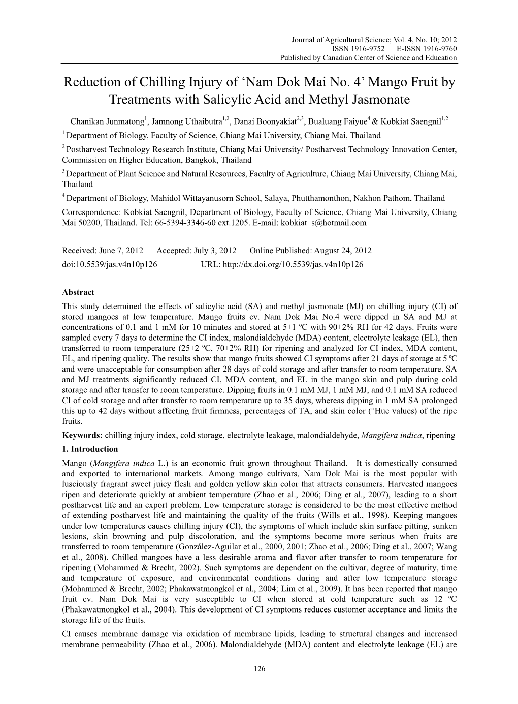 Reduction of Chilling Injury of 'Nam Dok Mai No. 4' Mango Fruit By