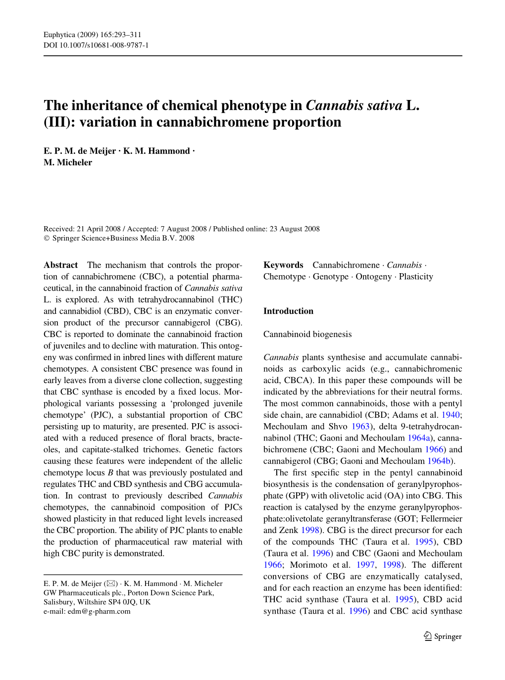 The Inheritance of Chemical Phenotype in Cannabis Sativa L