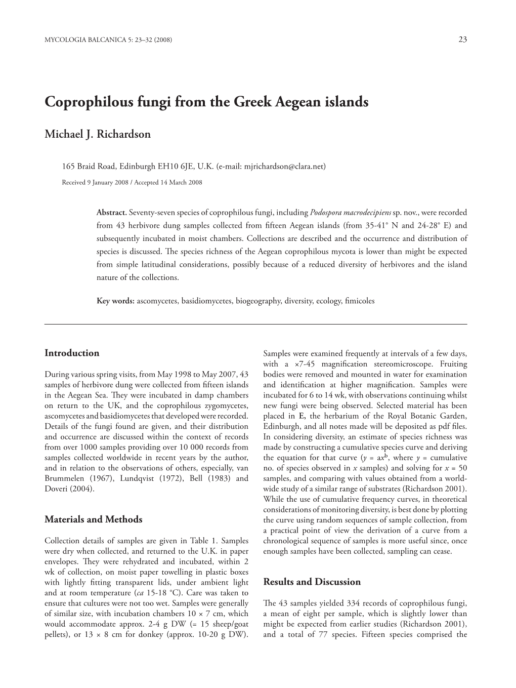 Coprophilous Fungi from the Greek Aegean Islands