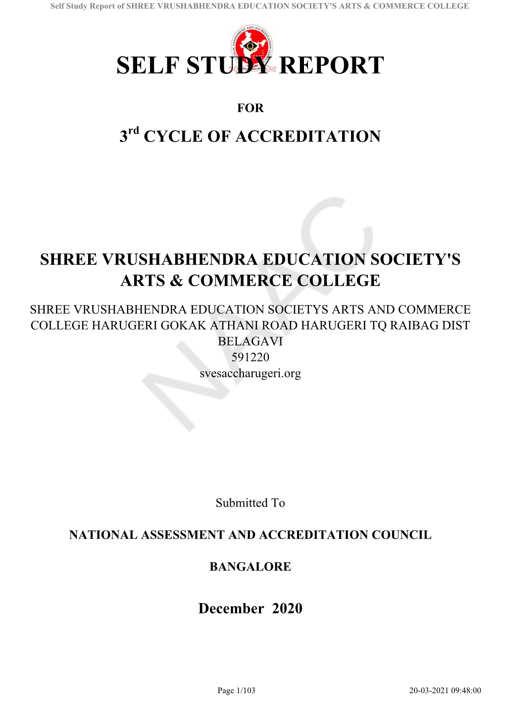 Self Study Report of SHREE VRUSHABHENDRA EDUCATION SOCIETY's ARTS & COMMERCE COLLEGE