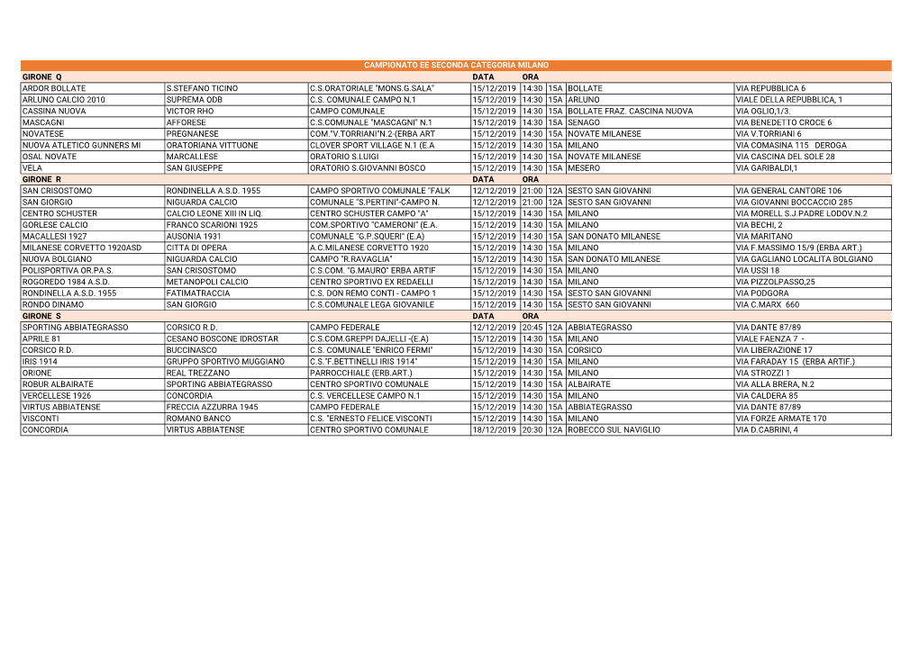 Girone Q Data Ora Ardor Bollate S.Stefano Ticino C.S.Oratoriale "Mons.G.Sala" 15/12/2019 14:30 15A Bollate Via Repubblica 6 Arluno Calcio 2010 Suprema Odb C.S