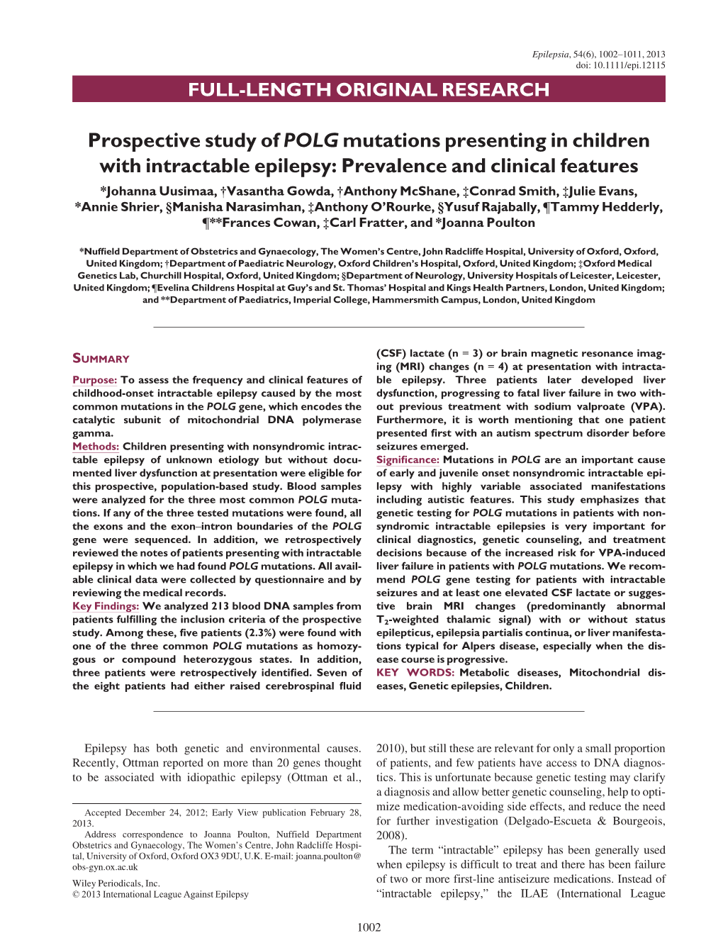 Prospective Study of POLG Mutations Presenting In