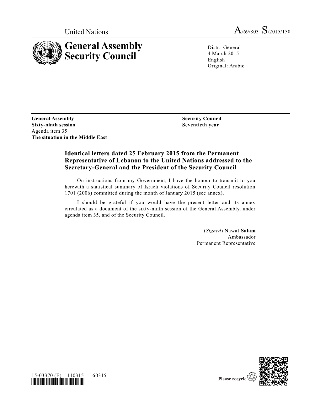 General Assembly Security Council Sixty-Ninth Session Seventieth Year Agenda Item 35 the Situation in the Middle East