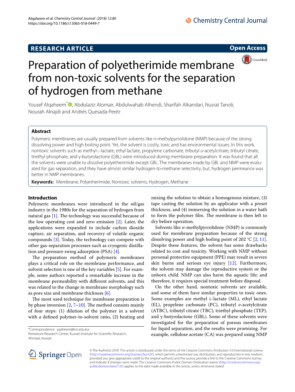 Preparation of Polyetherimide Membrane from Non-Toxic Solvents