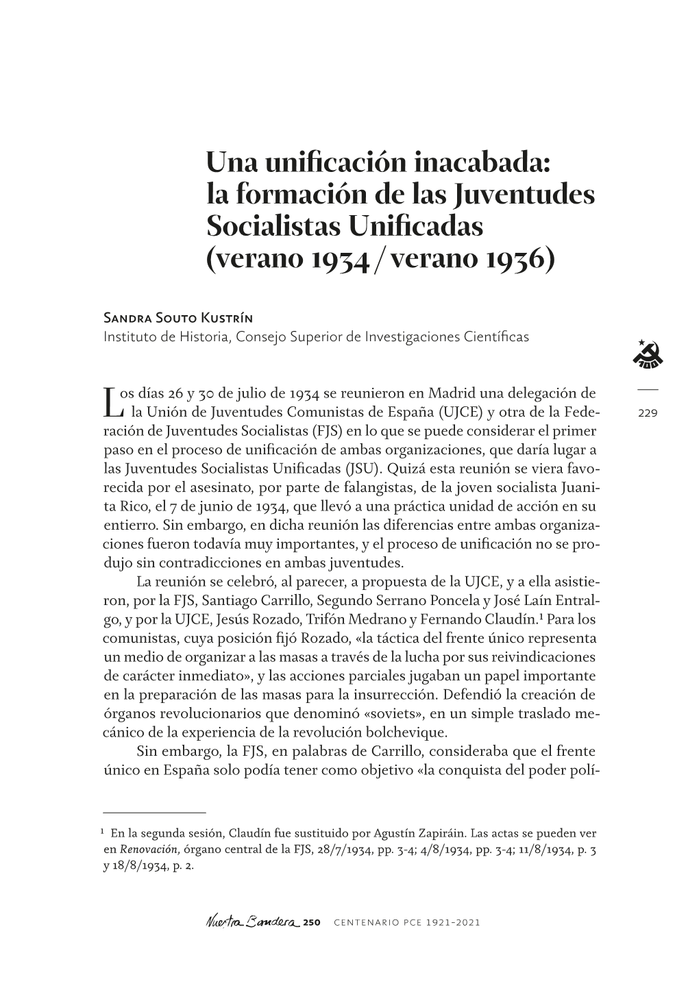 La Formación De Las Juventudes Socialistas Unificadas (Verano 1934 / Verano 1936)